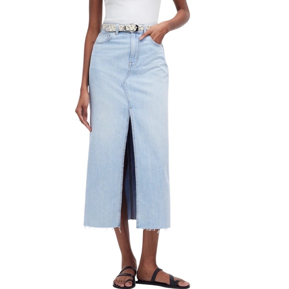 NWT Madewell Women's Rilee Denim Midi Skirt Front Slit Light Wash Blue Size 25‎